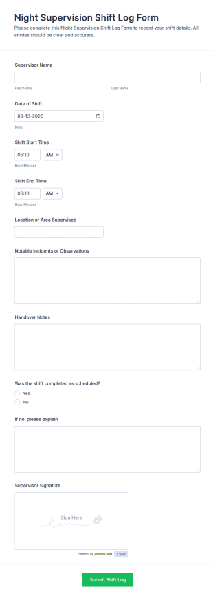 Night Supervision Shift Log Form Template