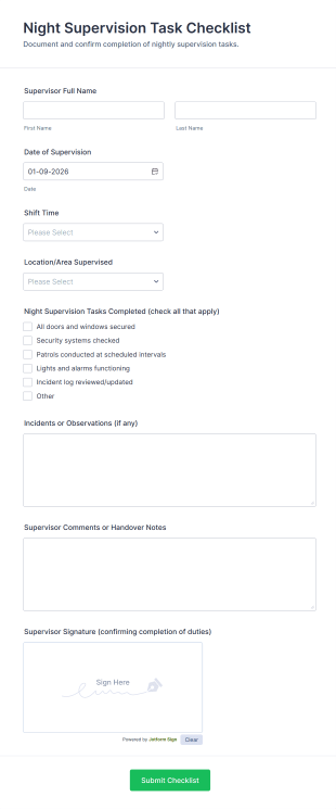 Night Supervision Task Checklist Form Template