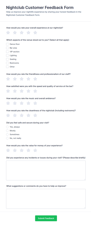 Nightclub Customer Feedback Form Template