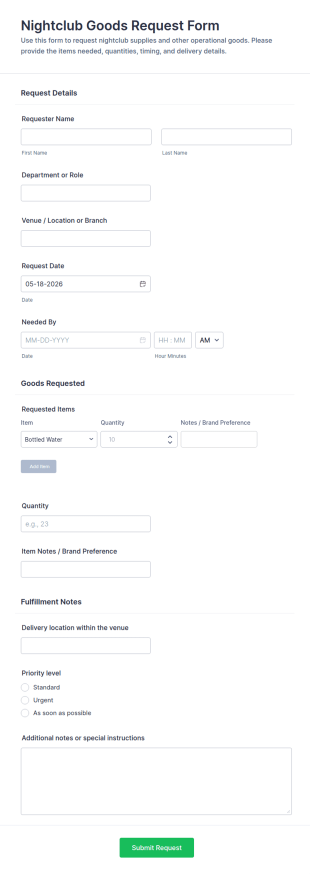 Nightclub Goods Request Form Template