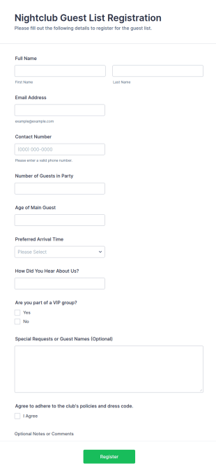 Nightclub Guest List Registration Form Template
