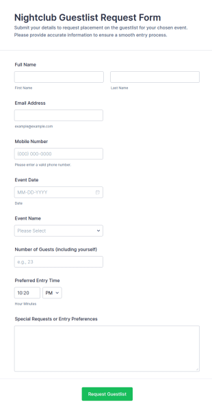 Nightclub Guestlist Request Form Template