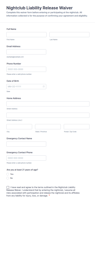 Nightclub Liability Release Waiver Form Template