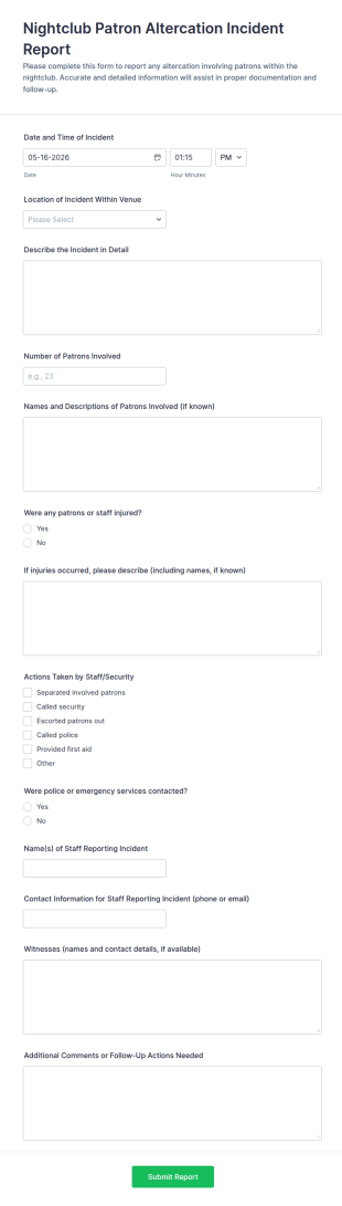 Nightclub Patron Altercation Incident Report Form Template