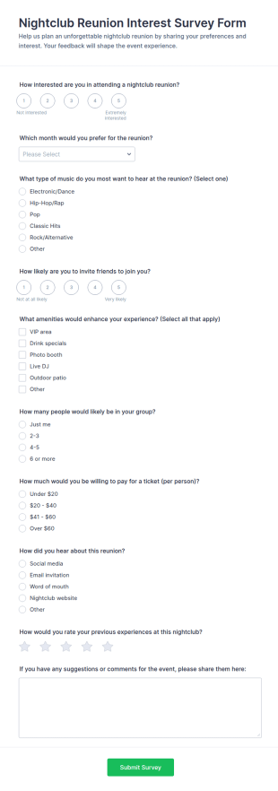 Nightclub Reunion Interest Survey Form Template