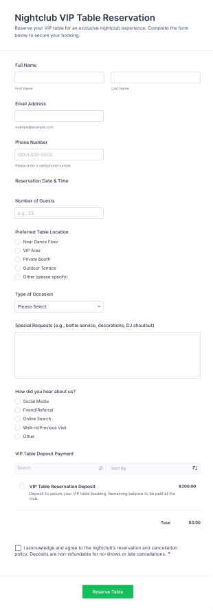 Nightclub VIP Table Reservation Form Template