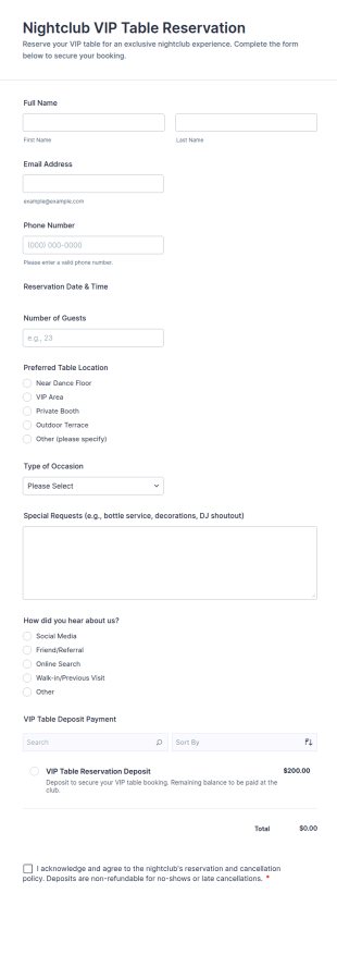 Nightclub VIP Table Reservation Form Template