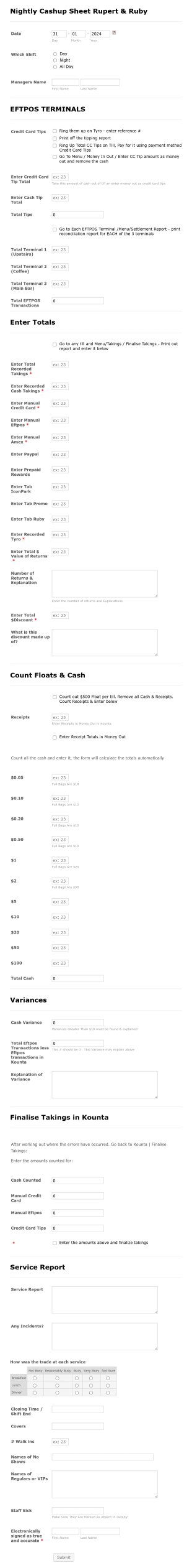 Nightly Cashup Sheet Form Template