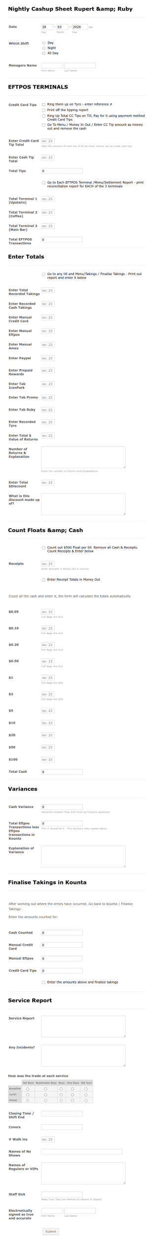 Nightly Cashup Sheet Form Template