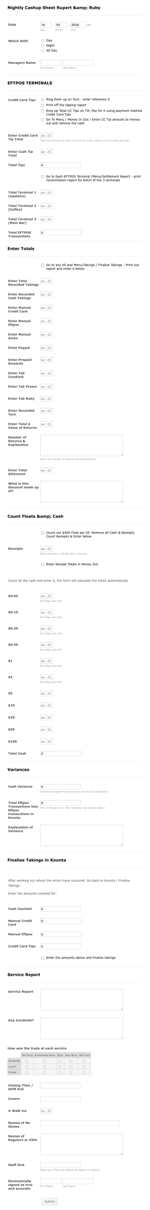 Nightly Cashup Sheet Form Template