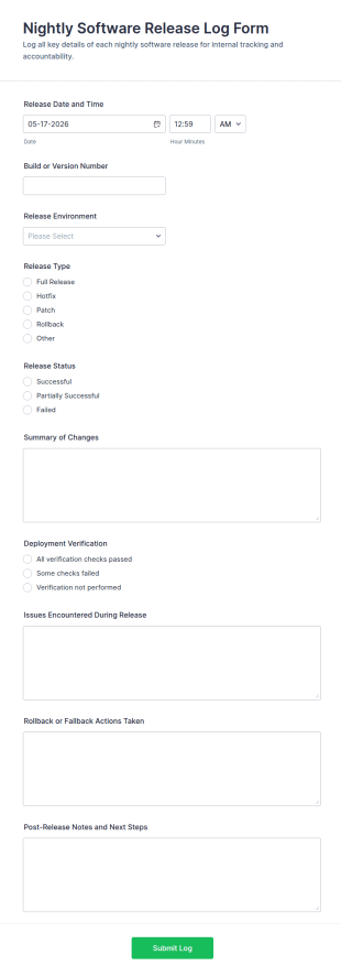 Nightly Software Release Log Form Template