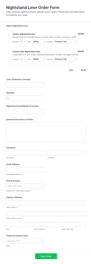 Nightstand Liner Order Form Template