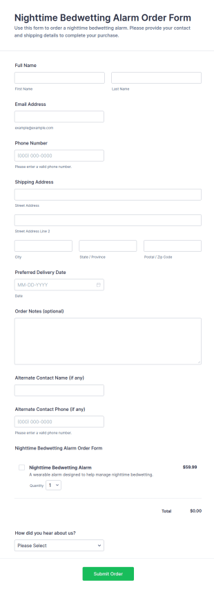 Nighttime Bedwetting Alarm Order Form Template