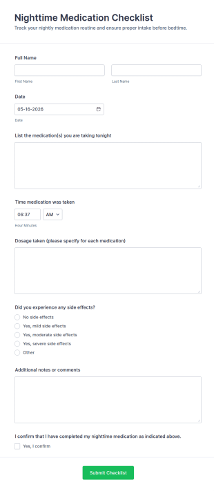 Nighttime Medication Checklist Form Template
