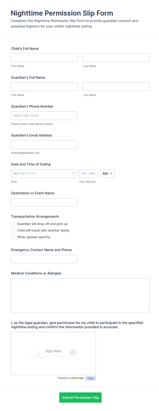 Nighttime Permission Slip Form Template