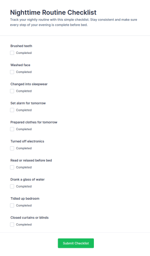 Nighttime Routine Checklist Form Template