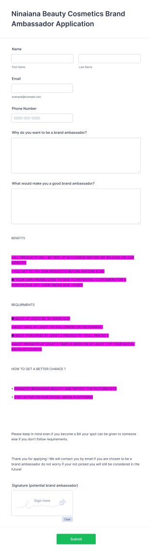 Cosmetics Brand Ambassador Application Form Template
