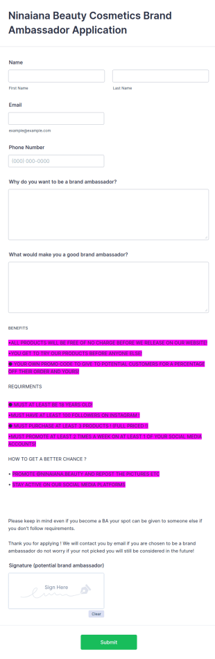 Cosmetics Brand Ambassador Application Form Template