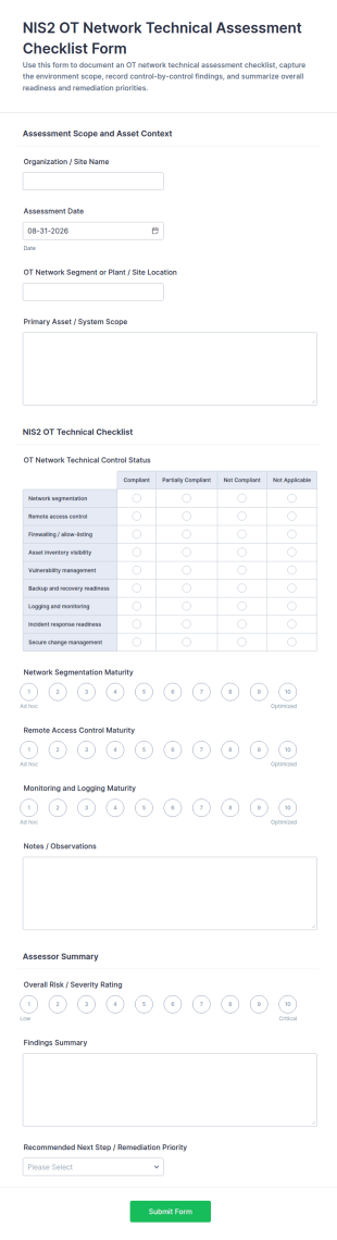 NIS2 OT Network Technical Assessment Checklist Form Template