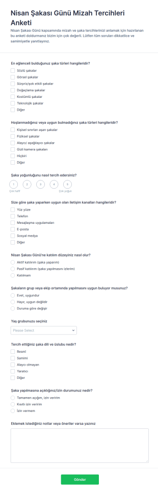 Nisan Şakası Günleri Mizah Tercihleri Anketi Form Şablonu