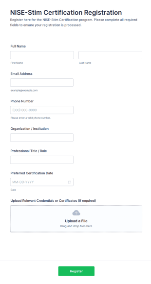NISE Stim Certification Registration Form Template