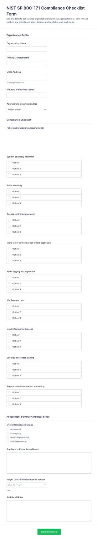 NIST SP 800 171 Compliance Checklist Form Template
