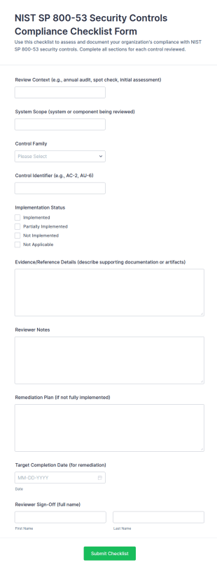NIST SP 800 53 Security Controls Compliance Checklist Form Template
