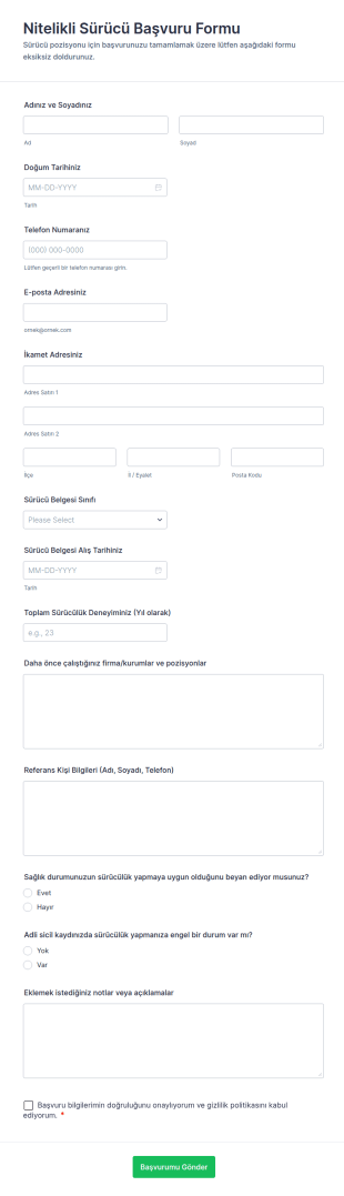 Nitelikli Sürücü Başvuru Form Şablonu