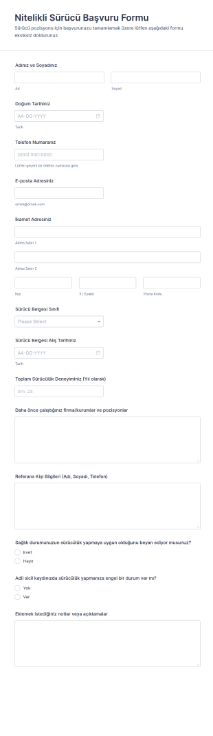 Nitelikli Sürücü Başvuru Form Şablonu