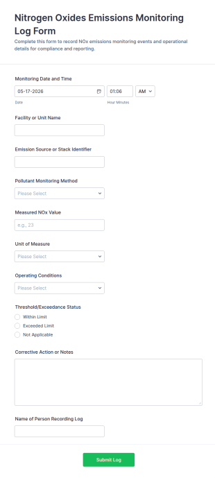 Nitrogen Oxides Emissions Monitoring Log Form Template