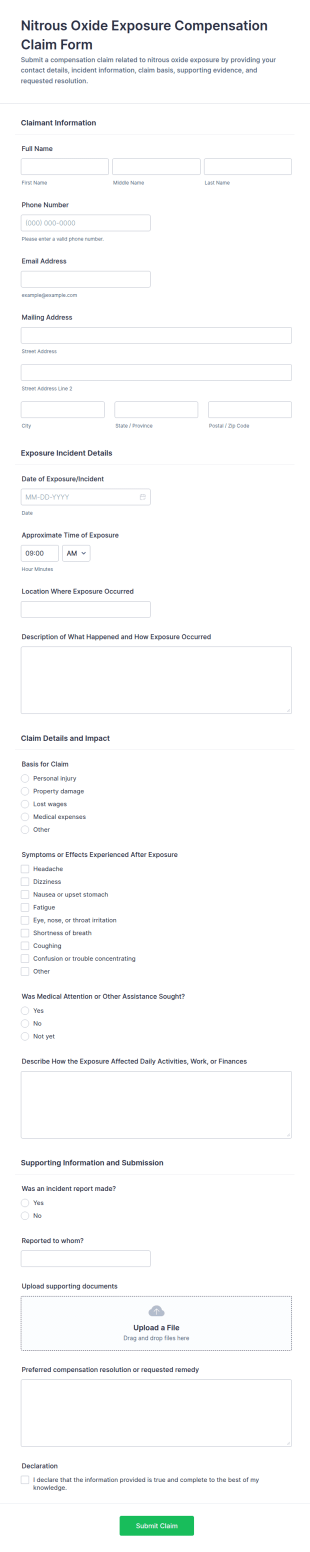 Nitrous Oxide Exposure Compensation Claim Form Template