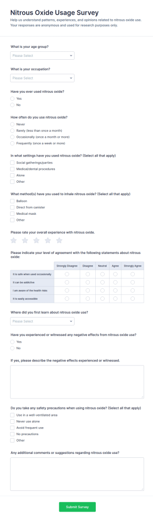 Nitrous Oxide Usage Survey Form Template