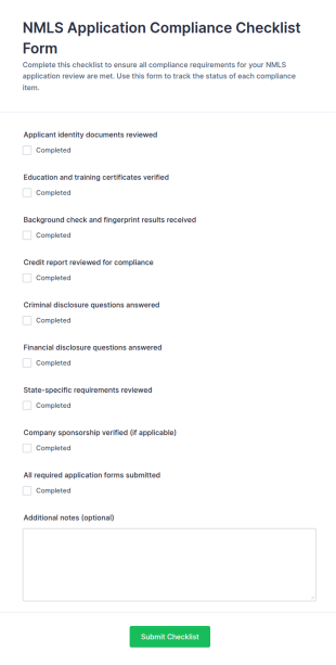 NMLS Application Compliance Checklist Form Template