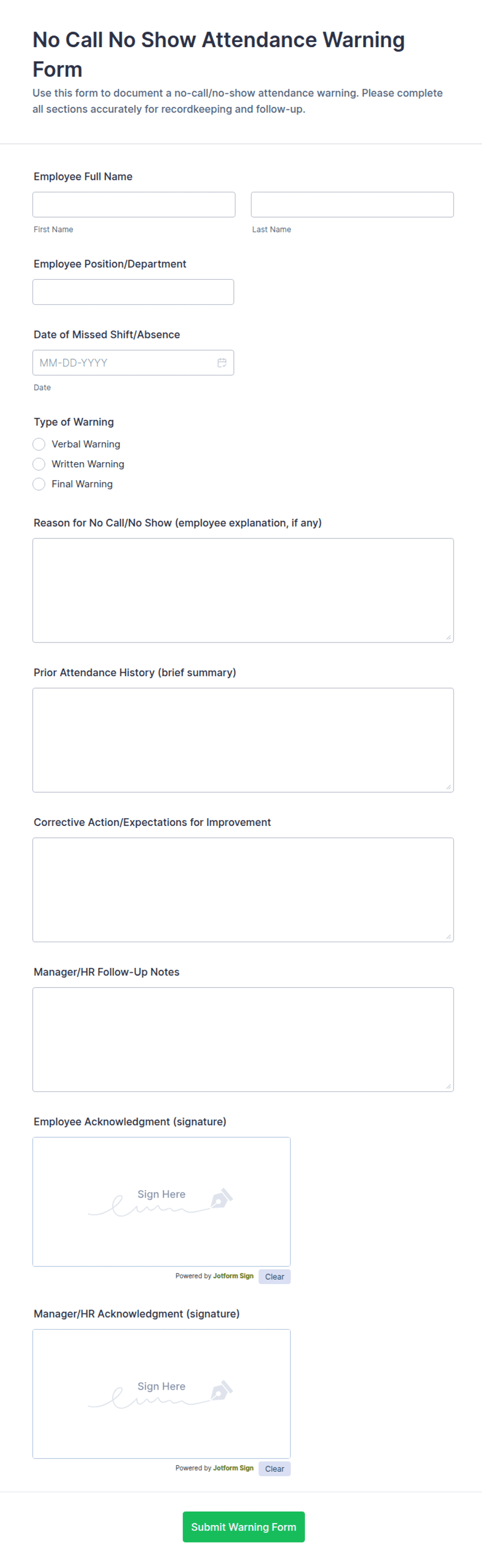 No Show Short Note Example No Call No Show Attendance Warning Form Template | Jotform