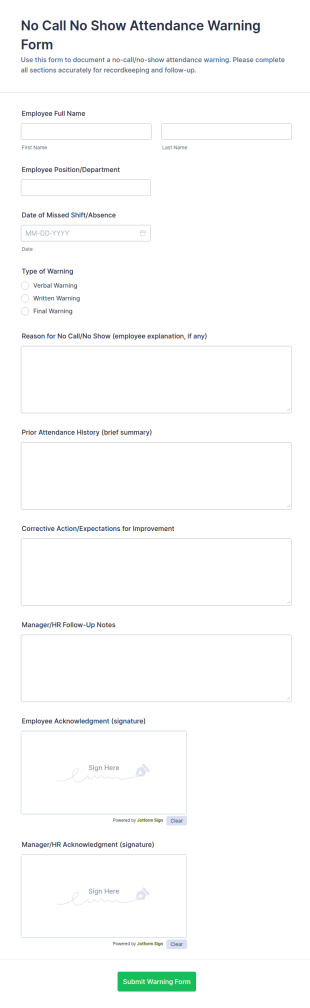 No Call No Show Attendance Warning Form Template