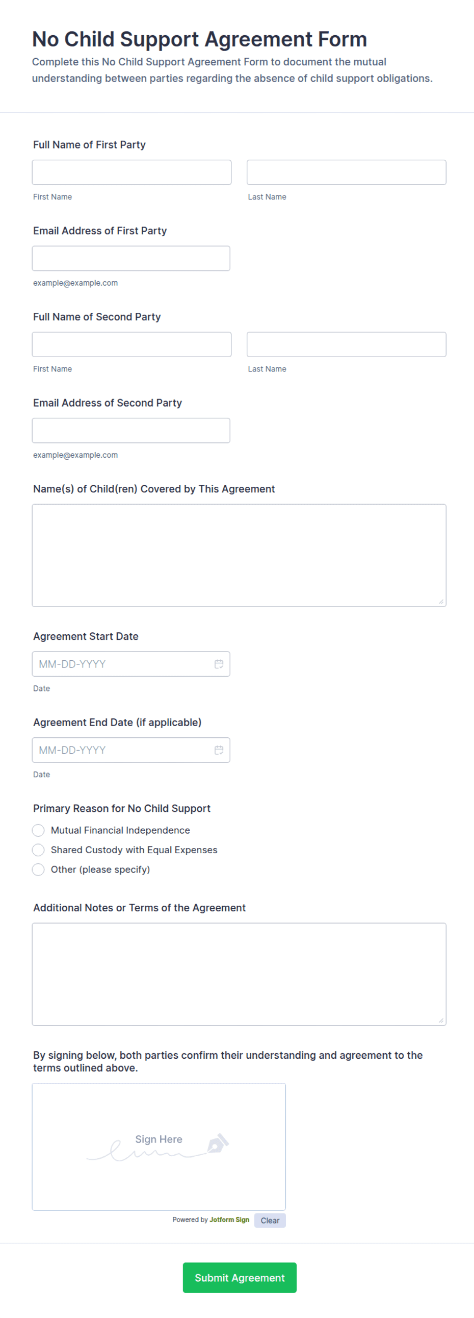 No Child Support Agreement Form Template | Jotform