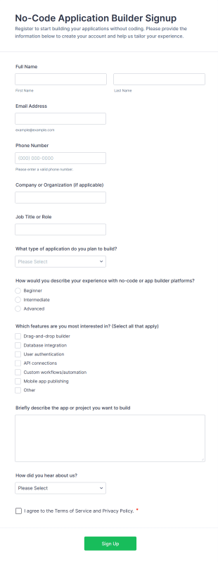 No Code Application Builder Signup Form Template