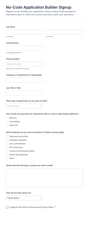 No Code Application Builder Signup Form Template