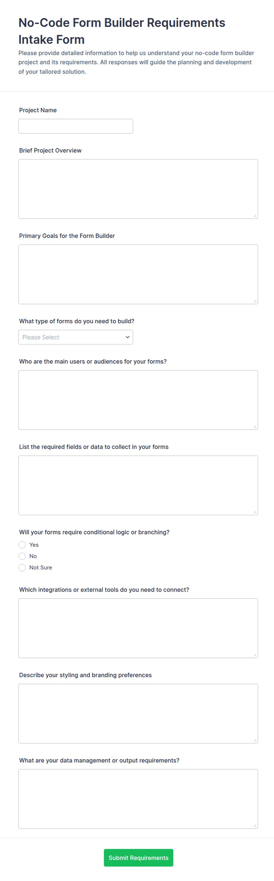 No-Code Form Builder Requirements Intake Form | Jotform