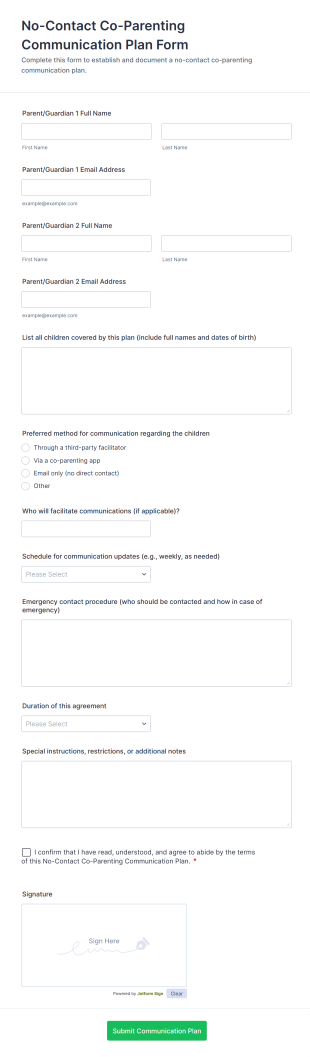 No Contact Co Parenting Communication Plan Form Template
