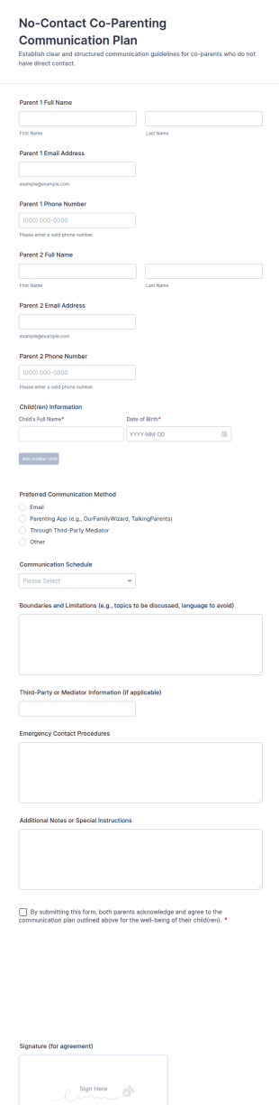 No Contact Co Parenting Communication Plan Form Template