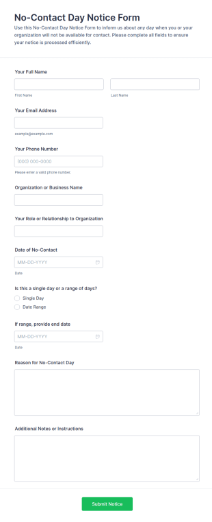 No Contact Day Notice Form Template