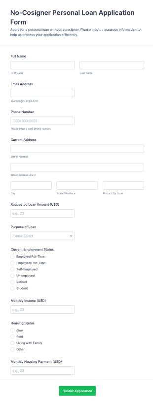 No Cosigner Personal Loan Application Form Template
