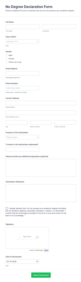 No Degree Declaration Form Template