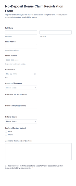 No Deposit Bonus Claim Registration Form Template