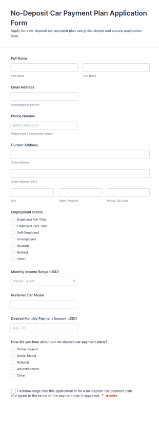 No Deposit Car Payment Plan Application Form Template