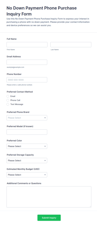 No Down Payment Phone Purchase Inquiry Form Template