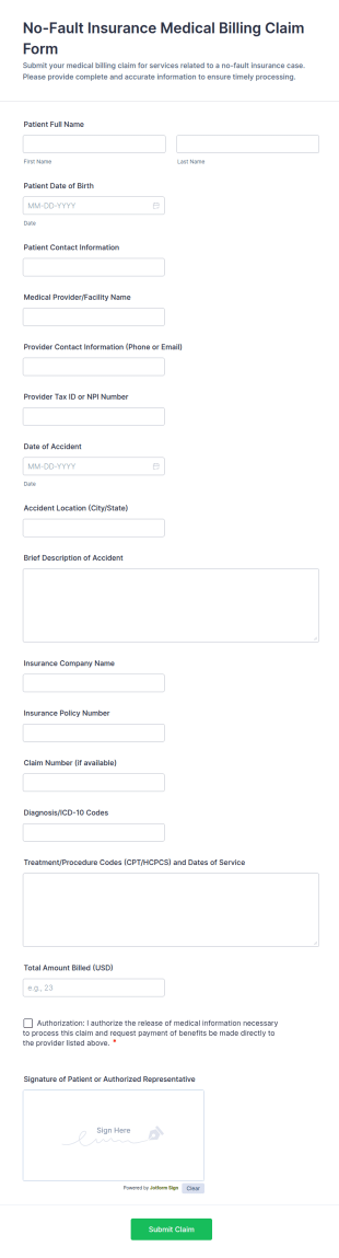 No Fault Insurance Medical Billing Claim Form Template