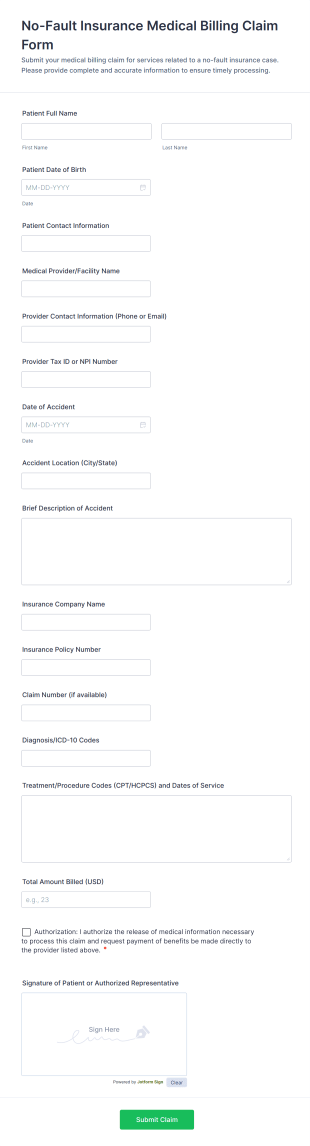 No Fault Insurance Medical Billing Claim Form Template