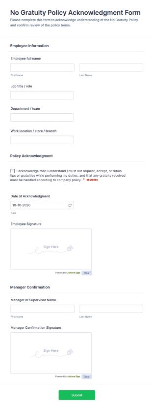 No Gratuity Policy Acknowledgment Form Template